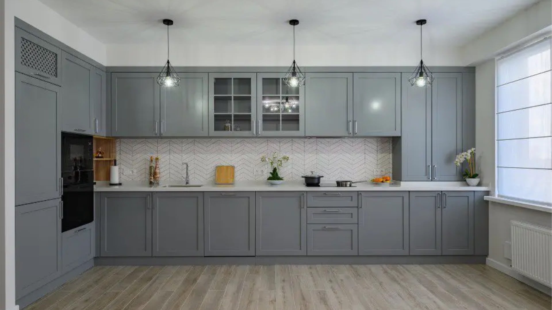 modern kitchen with grey wooden cabinets