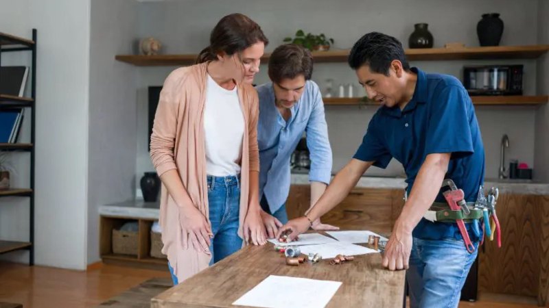 designer going thru plans with homeowners